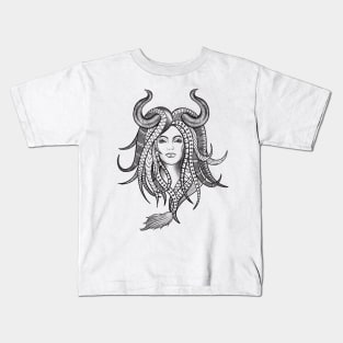 Confident Taurus Woman with Horns and Geometrical Tattoo Design Kids T-Shirt